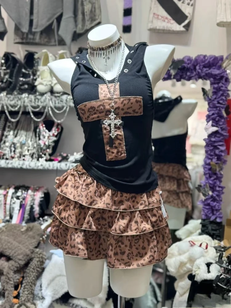 

Summer American Retro Hooded Tank Tops + Leopard Print Mini Skirt Women Sexy Shibuya Style Two Piece Set Y2K Hot Girl Outfit New