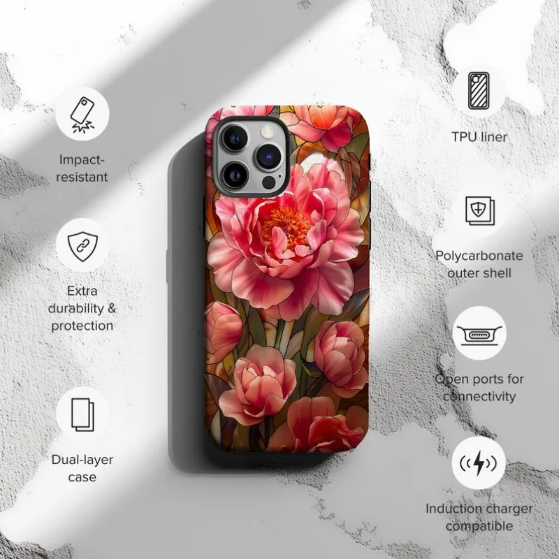 Elegant Peony Blossom Stained Glass Phone Case For IPHONE 16 15PRO MAX 14 13 12 11 Acrylic TPU Two in one magnetic Phone Cases