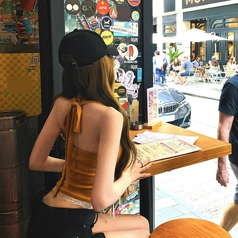 Women's Sexy Sweet Halterneck Lace-up Sleeveless Slim Vest With Chest Pad