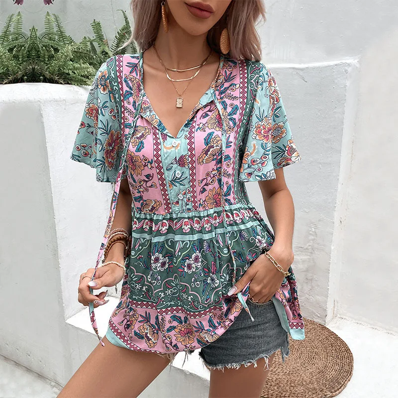 JFUNCY Fashion Women\'s Blouse New Elegant Blouses 2023 Woman Shirts Stylish Short Sleeve Women Tops Summer Female Clothes