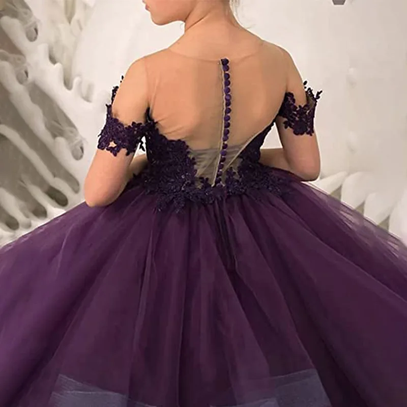 Vestidos de niña de flores personalizados, tul morado escalonado con manga de lazo de cola para boda, fiesta de cumpleaños, vestidos de primera comunión