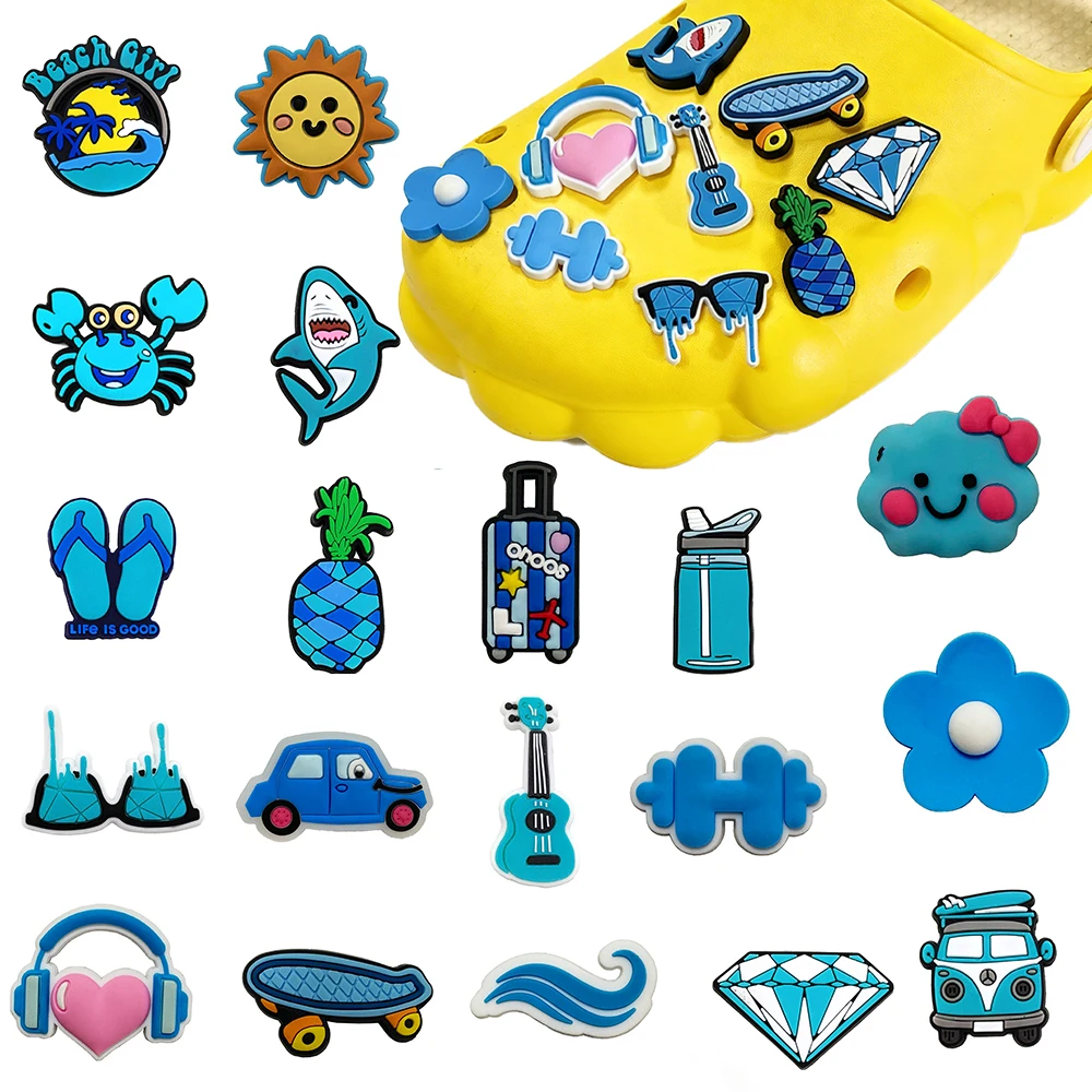 19pcs Blue Sea Animals Vacation Style Cartoon PVC Shoe Charms Accessories DIY For Hole Shoes And Beach Bags Accessory Gifts