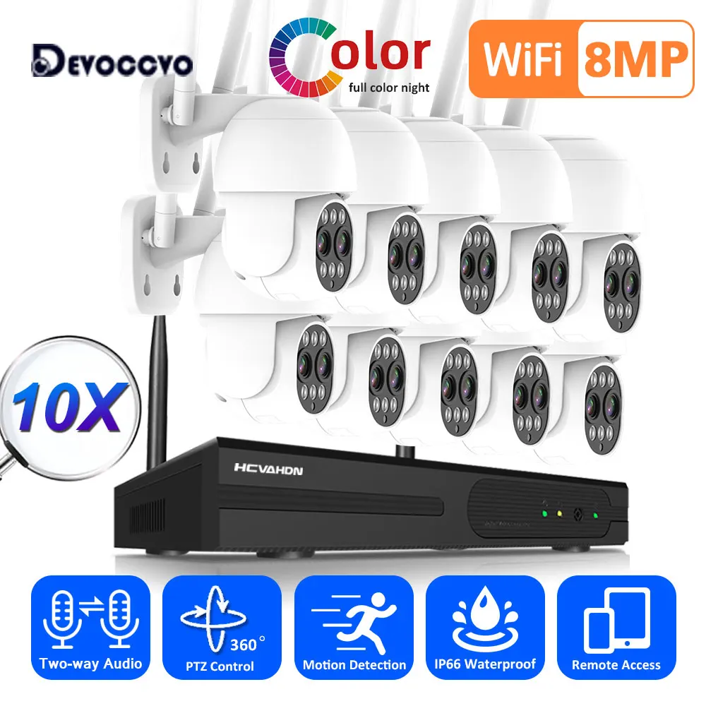 4K HD Wireless CCTV Surveillance System Auto Tracking 10X Zoom PTZ IP Security Camera System Dual Lens 10CH Wifi NVR Kit 8MP 8CH