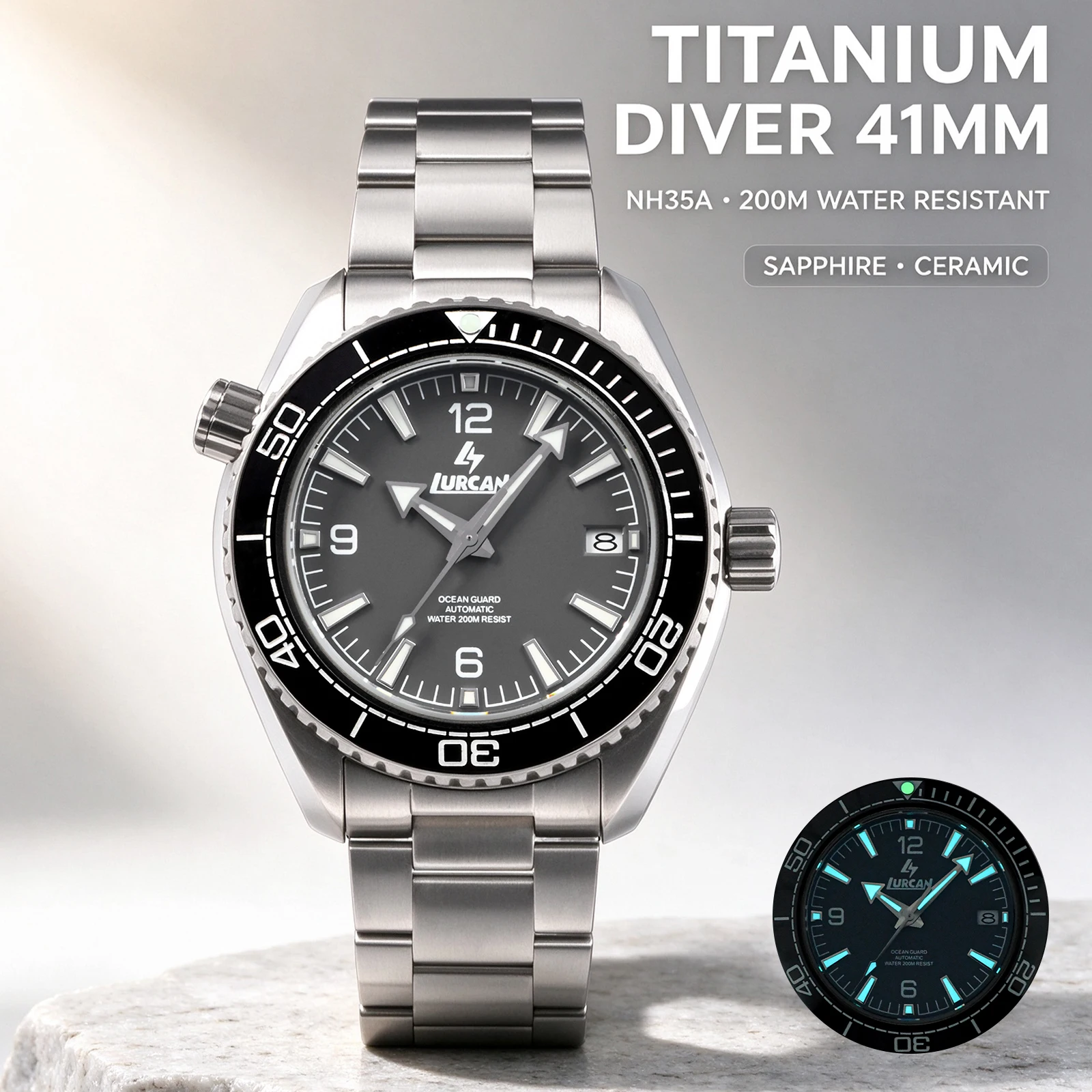 Men's Titanium Diver Watch 41mm NH35A Auto 200M Waterproof Sapphire Crystal Ceramic Bezel BGW-9 Lume Titanium Strap Scuba Diving