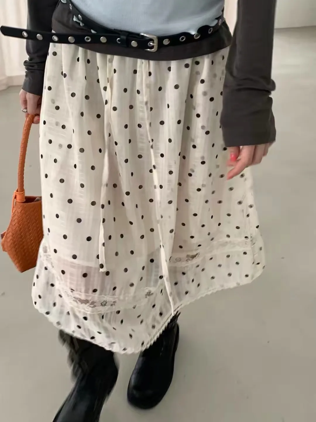 Polka Dot Lace Patchwork Skirt Korean Retro Chiffon Midi Skirt for Women Summer Slim Skirts