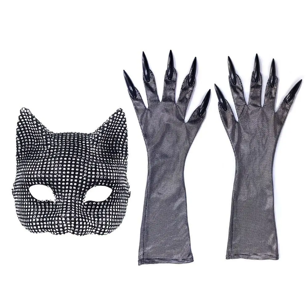 Hallowmas Cat Girls Diamond Mask Gloves Set Sexy Rhinestone Face Cover Cosplay Party Dressing Prop Cats Woman Masquerade Gloves