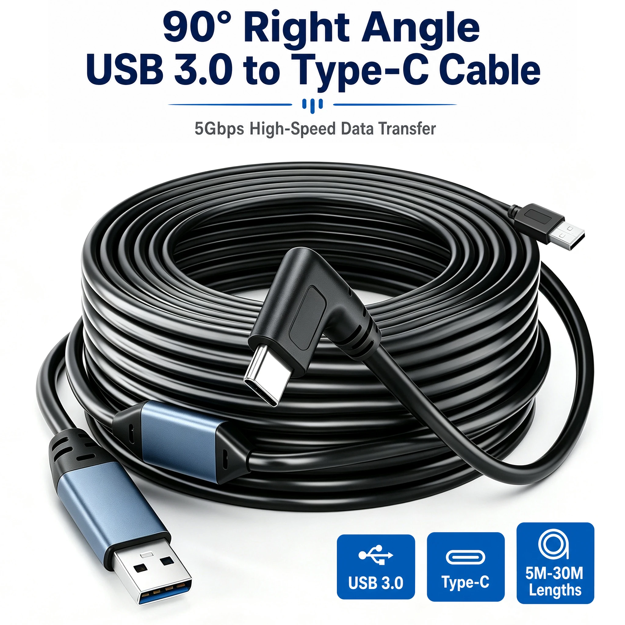 USB 3.0 Type C Extension Cable 5Gbps 90° Right Angle Type C Long Distance Data Cable  5-30M VR Link Cable for Camera Webcam VR