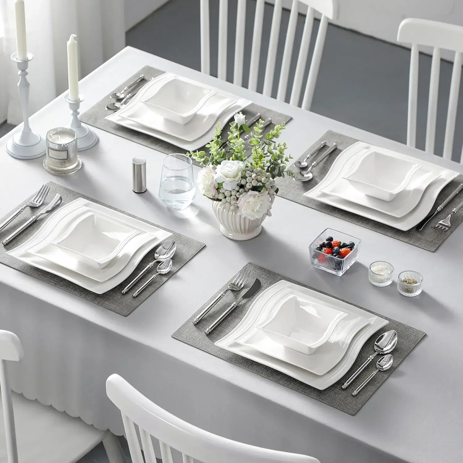 Plates and Bowls Sets,12-Piece Ivory White Square Dinnerware Sets for 4,Porcelain Dish Set with Dinner Plate