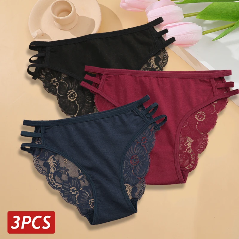 3PC/Set Women's  Floral Lace Panties Low Rise Hollow Out Briefs Transparent Underwear Female Elastic Straps Soft Lingerie