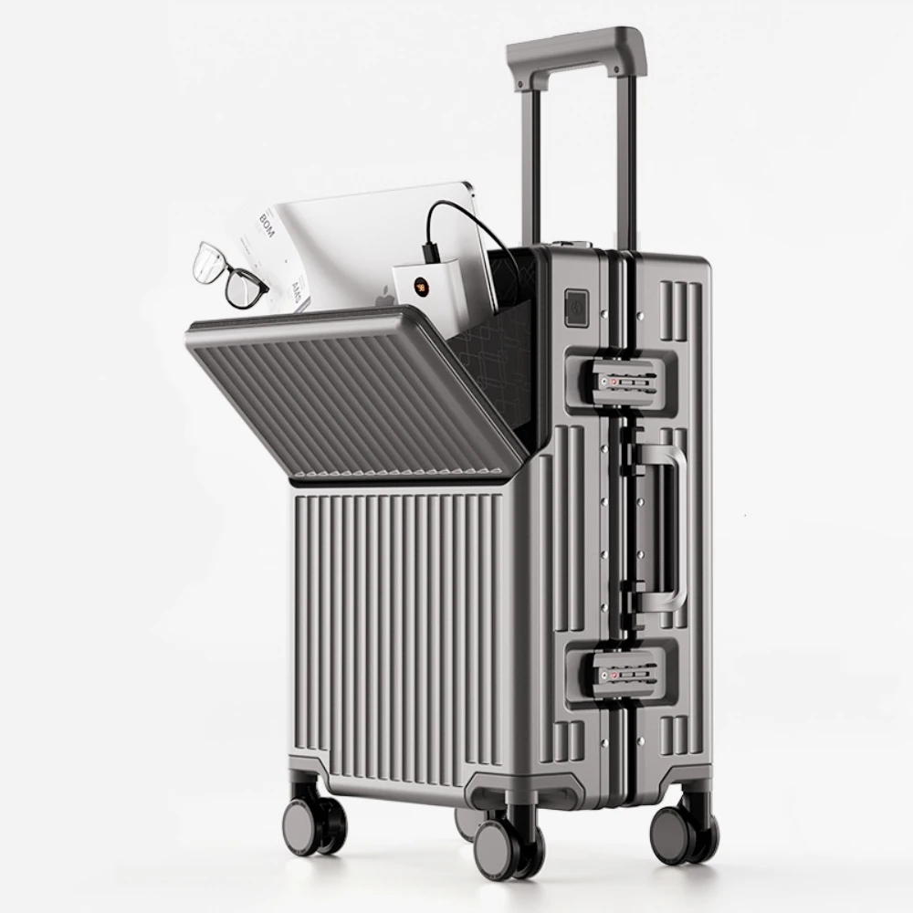 

Чемодан с фронтальным открытием из поликарбоната с алюминиевой рамой, замком TSA, держателем для стакана, портом для зарядки, дорожный чемодан на колесиках 20/24/28/30 дюймов