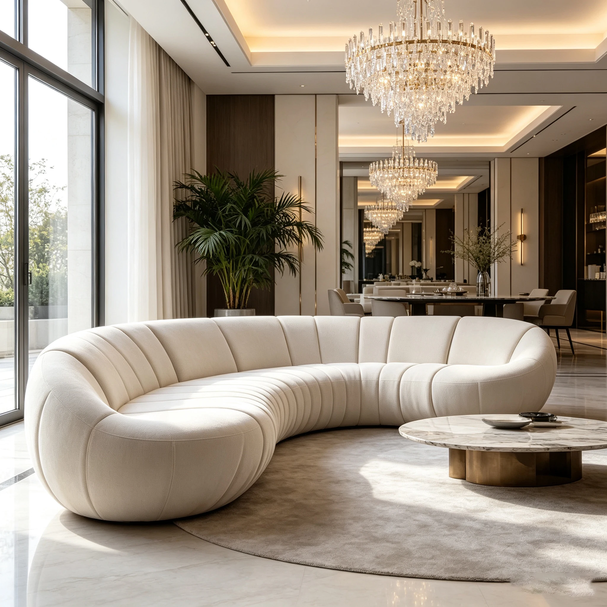 Wave stitching curved sofa cream terry fabric upholstered throw pillow modern crystal chandelier luxury villa life set