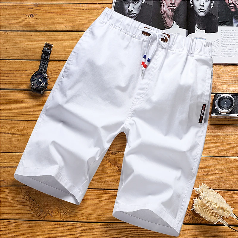 6XL White Shorts Men Summer Cotton Knee Length Shorts Bermudas Korean Fashion Elastic Waist Drawstring Short Pants