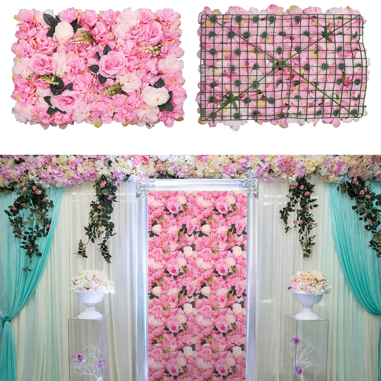 12pcs Handmade Plant Flower Walls With Deep Pink And Gorgeous Roses And Water Plants For Wedding Background, Party Decoration