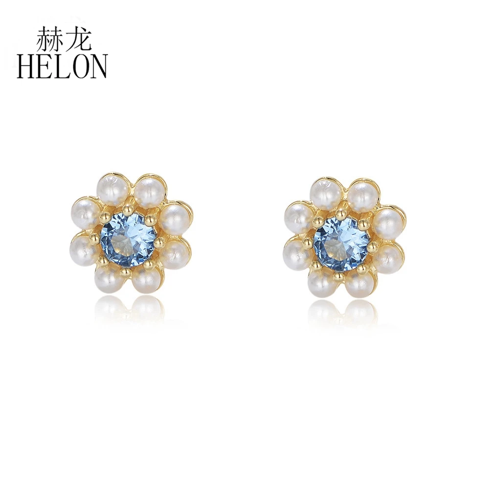 

HELON Solid 14K 9K Yellow Gold Studs Earrings Fresh White Water Pearls & Sky Blue Topaz Earrings Women Flower Design Jewelry