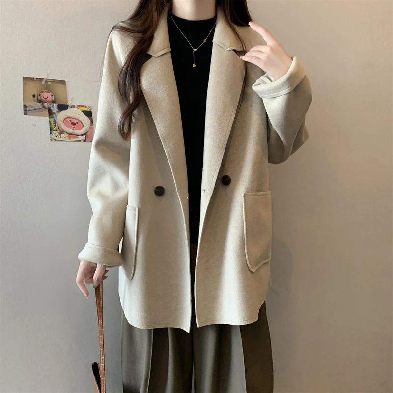 

Woolen Suit Coat Women's Korean British Style Loose and Thin Coat Autumn and Winter Casual Single Button Tweed Trench Blazer Top