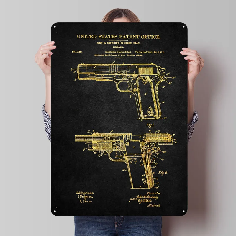 1 Colt 1911 Firearm Paten Sign Blueprint Poster Modern Home Decoration Living Room Wall Art Mural Decorative Wall Frames Retro