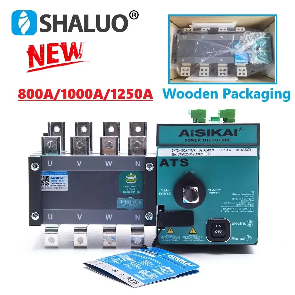Aisikai ATS 4P 1000A 800A Diesel Generator Dual Power Automatic Transfer Switch Auto Manual Control Board Circuit Breaker 1250A