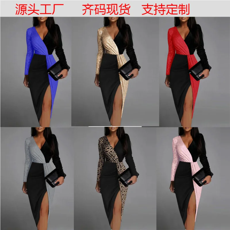

2025Two-tone Black and Gold Ethnic Style High Waist Solid Color Elegant Commuter Midi Dress Long Sleeve Waist-cinching Dress