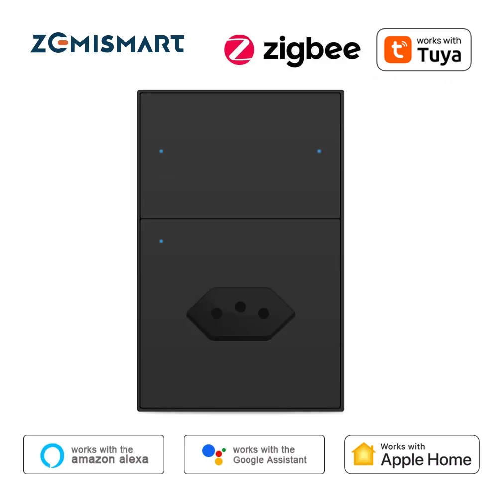 Zemismart Zigbee 2 Gang Smart Light Switch with 10A Brazil Socket 110V 220V Smart Outlets Work with Tuya Home Smart Life APP