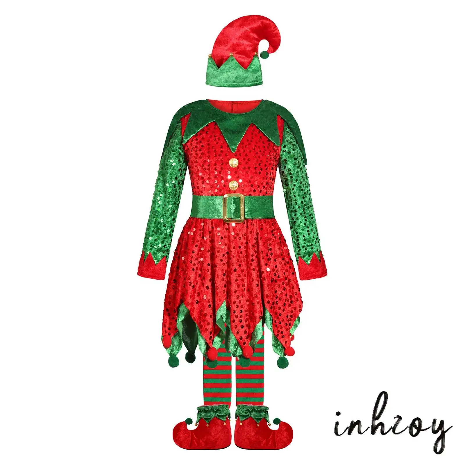 

Girls Christmas Costume Contrast Color Xmas Elf Princess Dress+Waistbelt+Xmas Hat+Stripe Socking+Shoes Set for Santa Dress Up