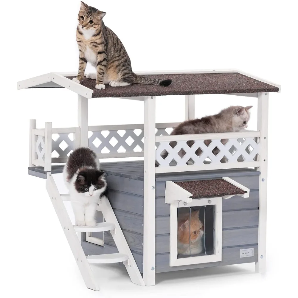 

Durable Roof Cat Houses for Outdoor Cats Weatherproof with Escape Door, Stair or Scratch Board, 2 Story Design Perfect for Mult