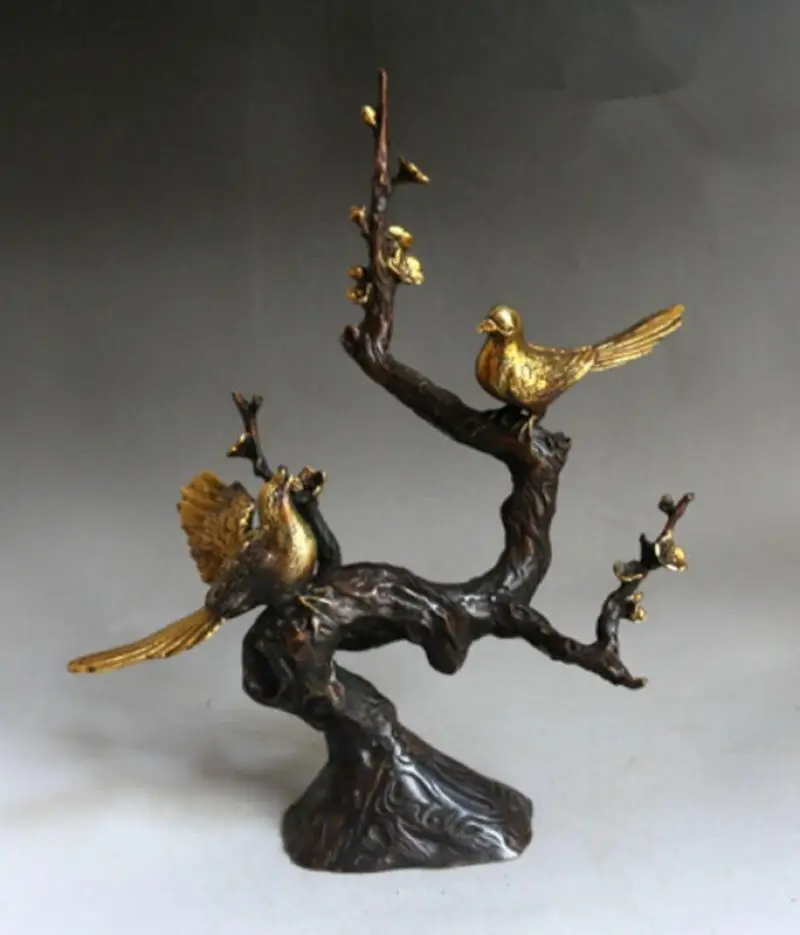 China bronze Gilt handwork  Happiness appears in one's face Magpie Statues AA26