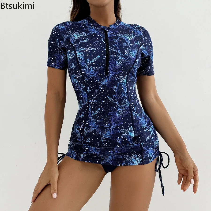 Nowy 2025 Tankini damski strój kąpielowy tropikalny nadruk dwuczęściowe garnitury stroje kąpielowe z krótkim rękawem letnia sukienka kostiumy kąpielowe damski strój kąpielowy