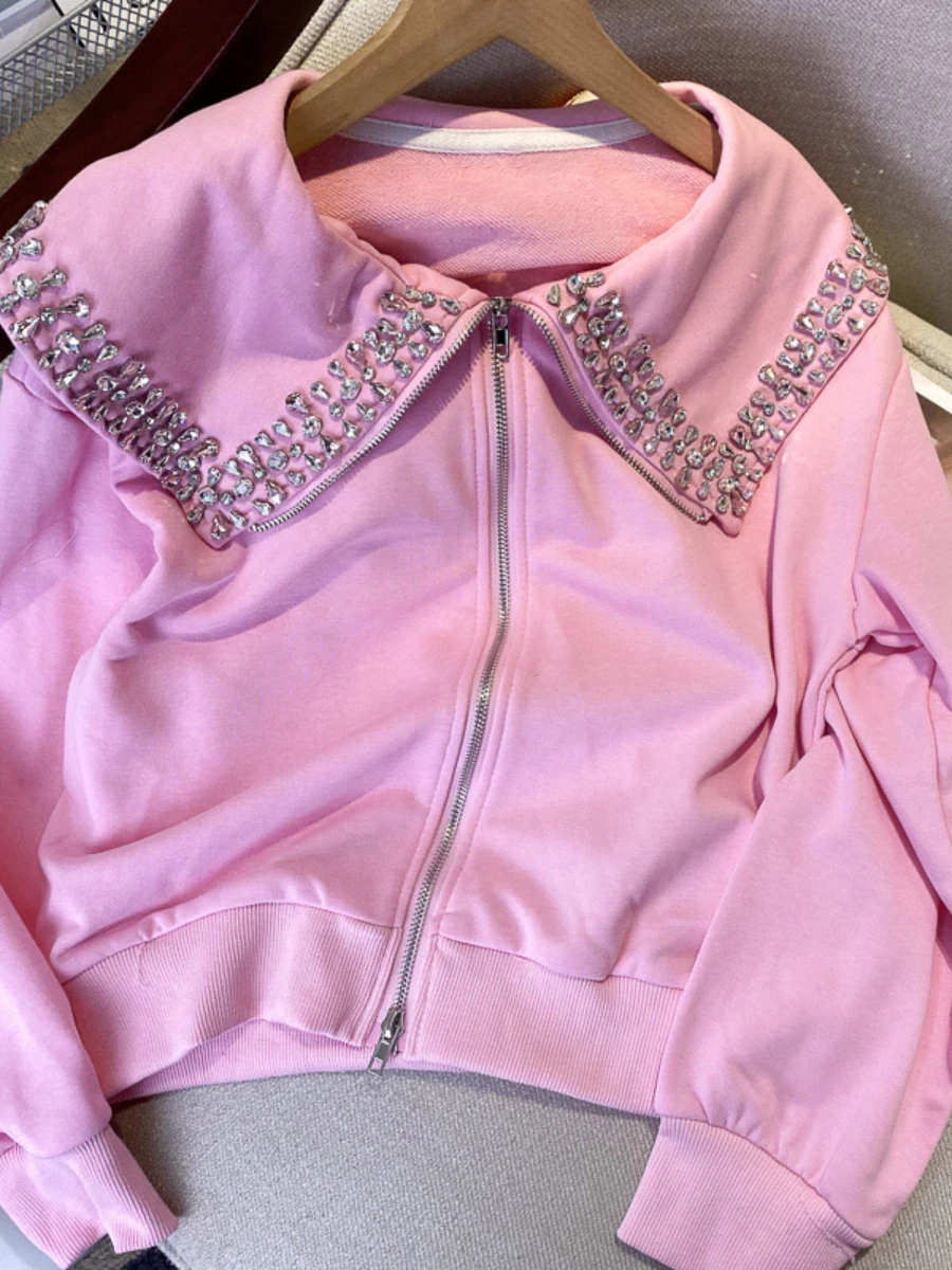 High-End Sweet Pink Casual Suit Women Hot Diamond Cardigan Coat Outerwear Ankle-Tied Sweatpants Two-Piece Set Early Spring 2023