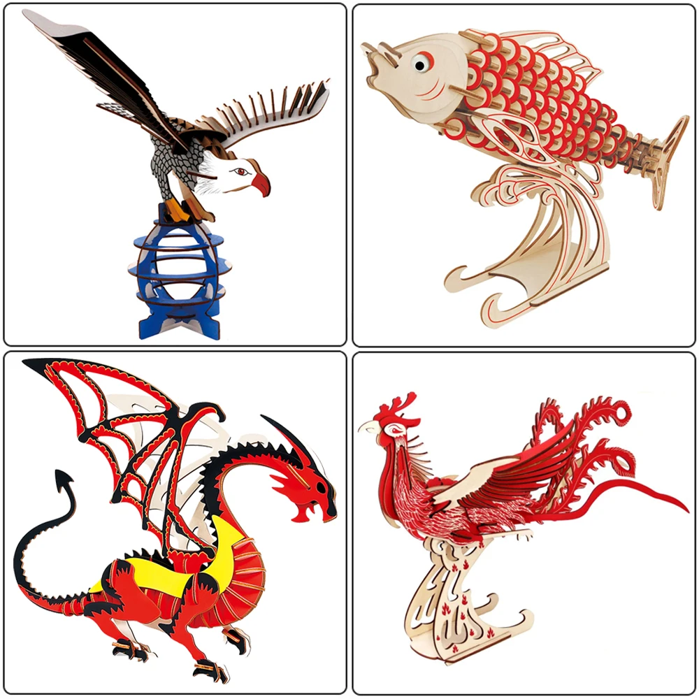 3D Wooden Puzzle Peacock Eagle Animal Model Dragon Phoenix Jigsaw Toy DIY Assembly Kits Educational Toys For Children Kids Gift