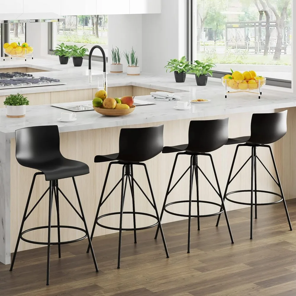 24" Swivel Bar Stools Set of 4 Modern Black Barstools with Backs Kitchen Counter Height Bar Chairs Plastic Seat Metal Legs