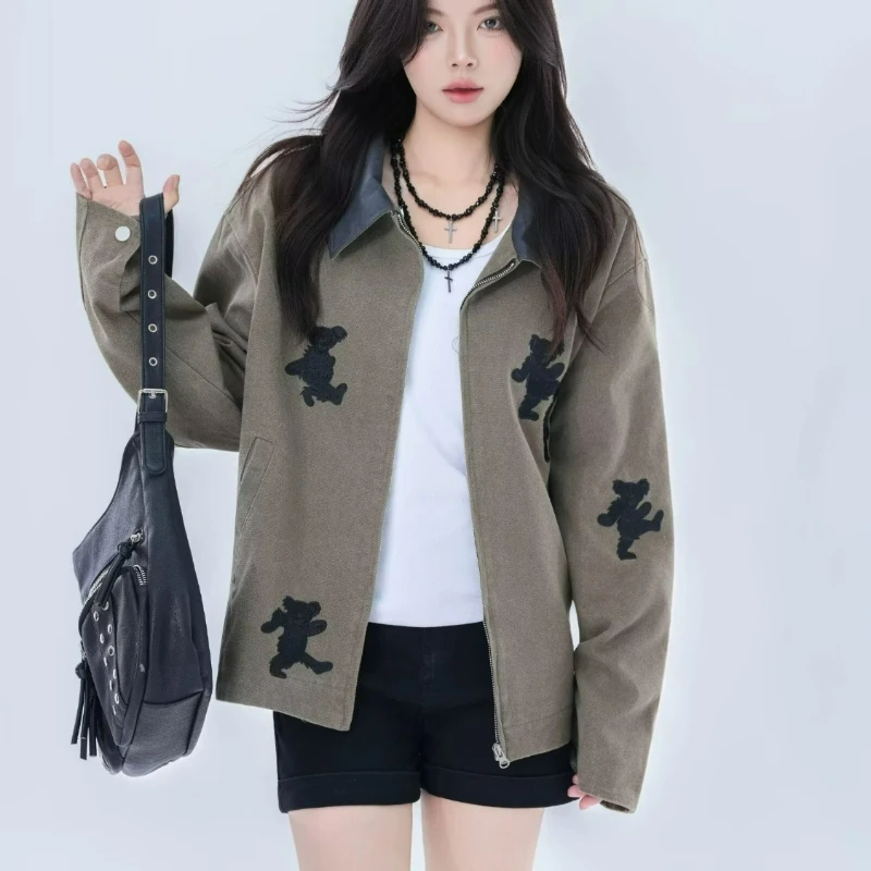 

New Fashionable Korean-style Loose Knitted Jacket for spring autumn 2026 Grey Lapel Bear Zipper Sweater Cardigan for Men Women