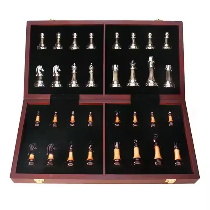 Solid Wood Folding Vintage European King Chess Set with Board Acrylic Chess for Beginners and Professionals
