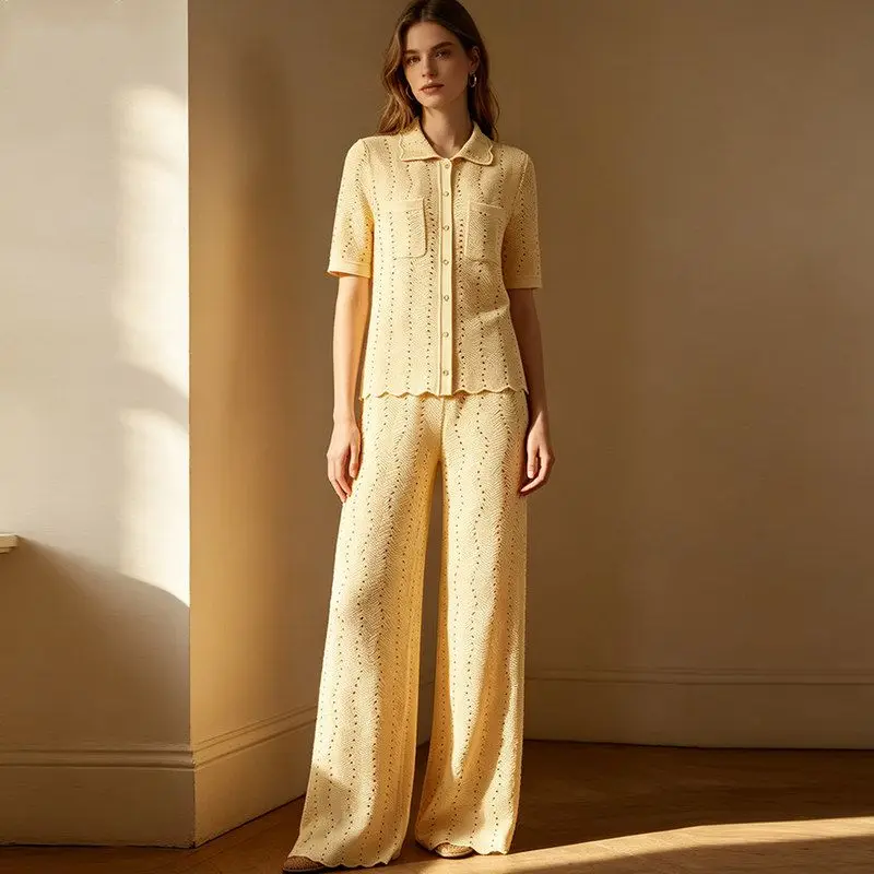 Summer 2026 New Style Short Sleeve Open Cardigan Wide Leg Pants Elastic Waist Heavy Embroidery Rhinestone Suit Two Piece Set