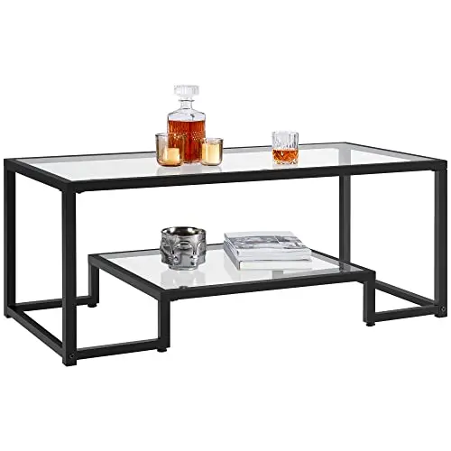 Glass Coffee Table for Living Room, 42" with Storage Shelf, Black | Clear Tempered Glass Top, Modern Rectangular