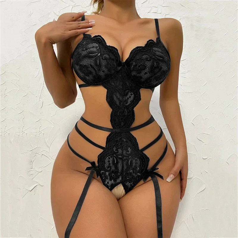 Lingerie Set Sexy Costume Female Crotchless Bodysuits Underwear Women Lace Sling Patchwork String Sheer Bra Set