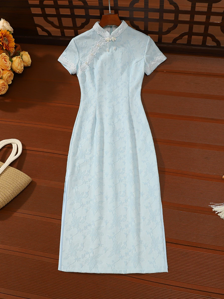 

Ele Blue Qipao Dr Young Sle Daily Improved Fre Retro Chinese New Version Breathable ort Sve Long Qipao for Women