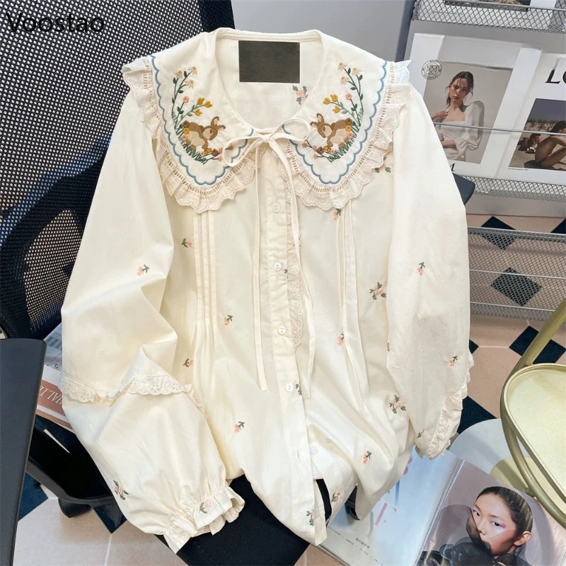 

Mori Girl Lolita Style Shirt Kawaii Lace Ruffles Peter Pan Collar Cartoon Embroidery Loose Blouses Women Sweet Long Sleeve Tops