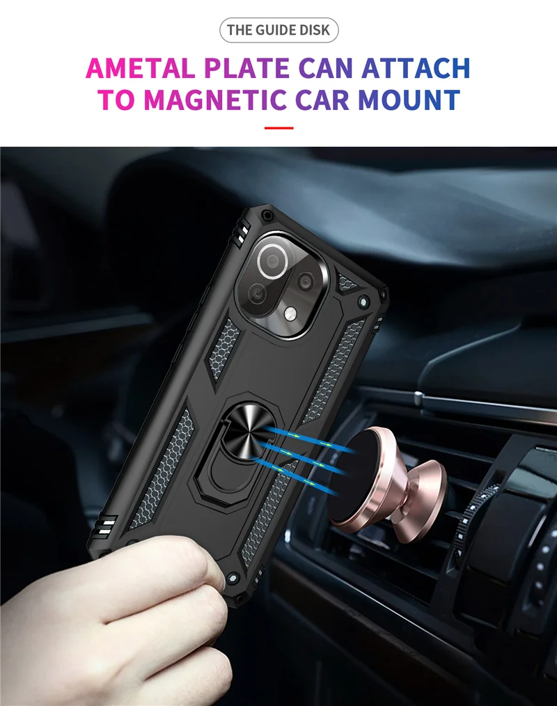 Shockproof Armor Case For Xiaomi Mi 11 Lite 5G Mi11 Car Magnetic Holder Ring Stand Back Cover for Mi 11 Pro 11i  Anti-Fall Coque