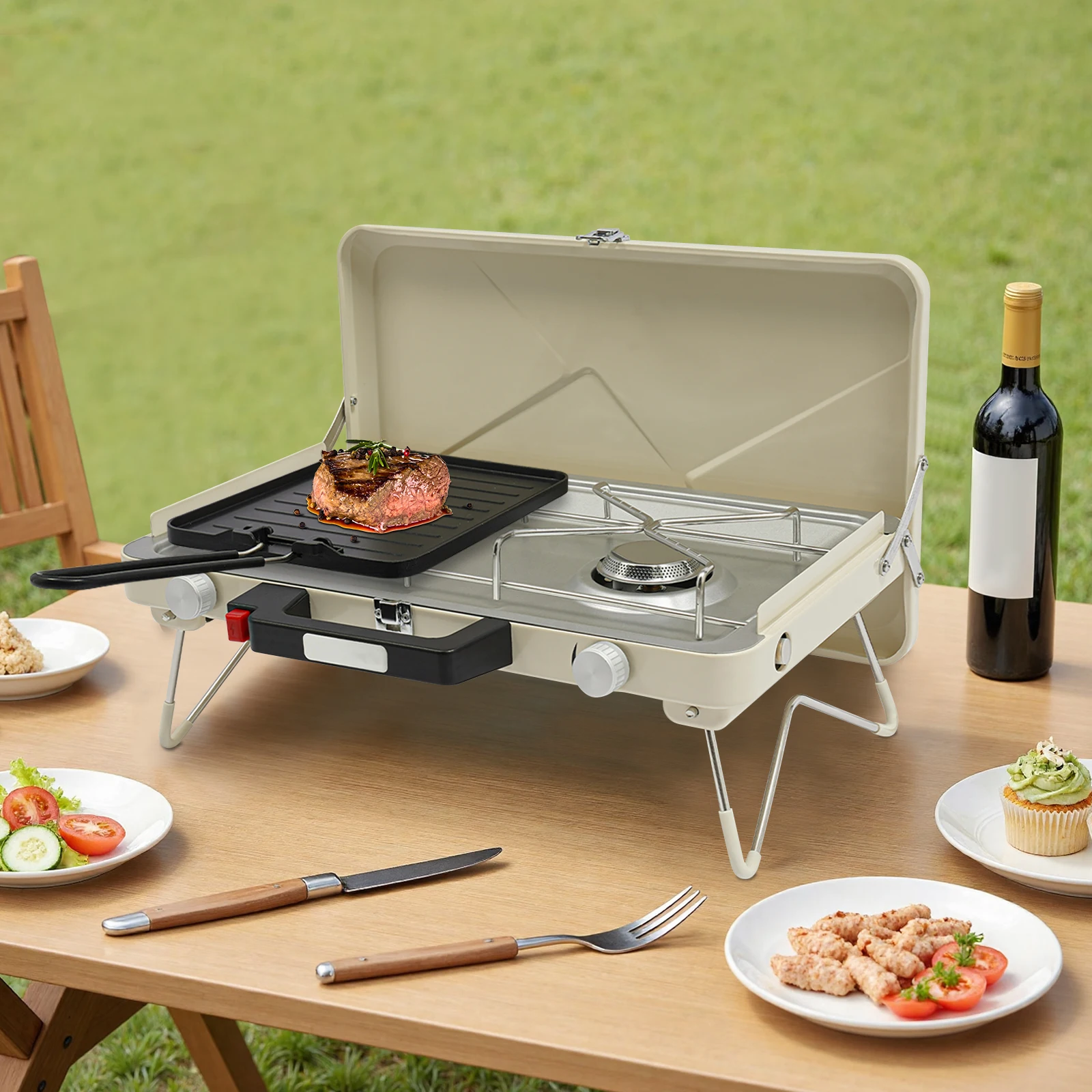 Estufa de Camping Plegable de Acero Inoxidable, 2 Quemadores, 3500W, Metano-Propano, Estufa de Gas para Picnic, para RV, Apartamento, Aire Libre