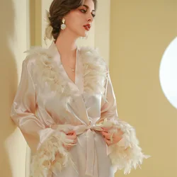 Feather Collar Bathrobe Gown Lady Luxury Wedding Bride Dress Long Sleeve Satin Home Clothes Spring Summer New Kimono Nightwear