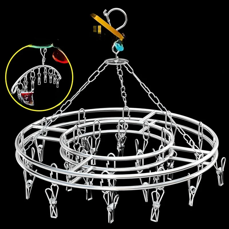 Stainless Steel Clothes Drying Rack Multi-Clip Sock Drying Device round Plate Sock Holder Home Use Hanging Clothes Multi-Func...