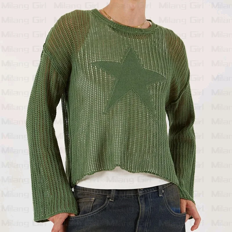 Y2K Men\'s sweater Harajuku Hollow Out Knit Pullovers Crewneck Autumn Vintage star graphic Grunge Top Fashion Smock Sweater women