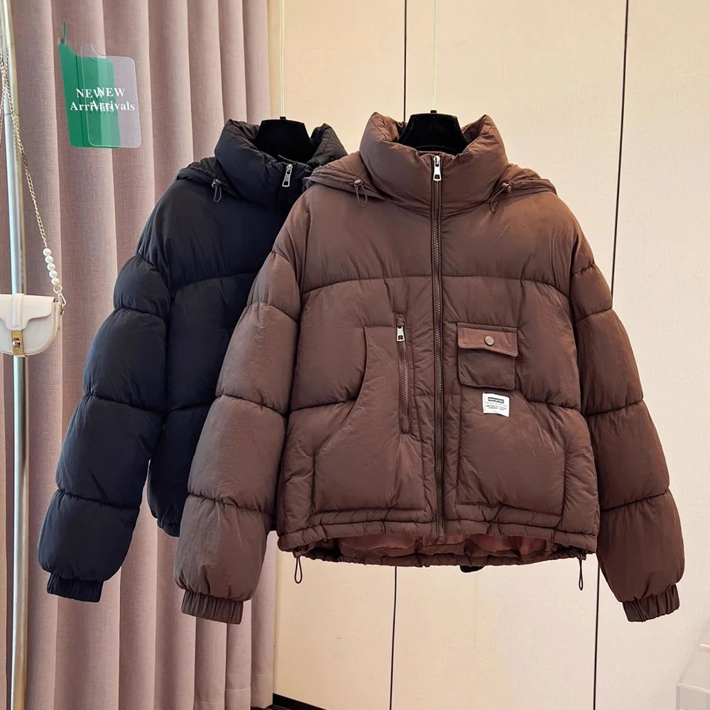 

Large Pocket Women Warm Cotton Jackets Winter Casual Stand Up Collar Hooded Down Cotton Coats Short Thick Bread Overcoat Parkas