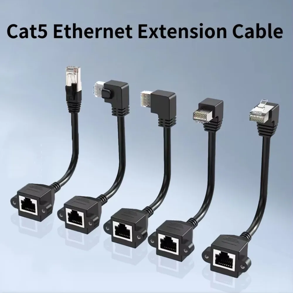90 Degree Up/Down/Left/Right Angle RJ45 Male to Female Extension Cord Cat5E Ethernet Screw Panel Mount LAN Cable 30cm 1FT