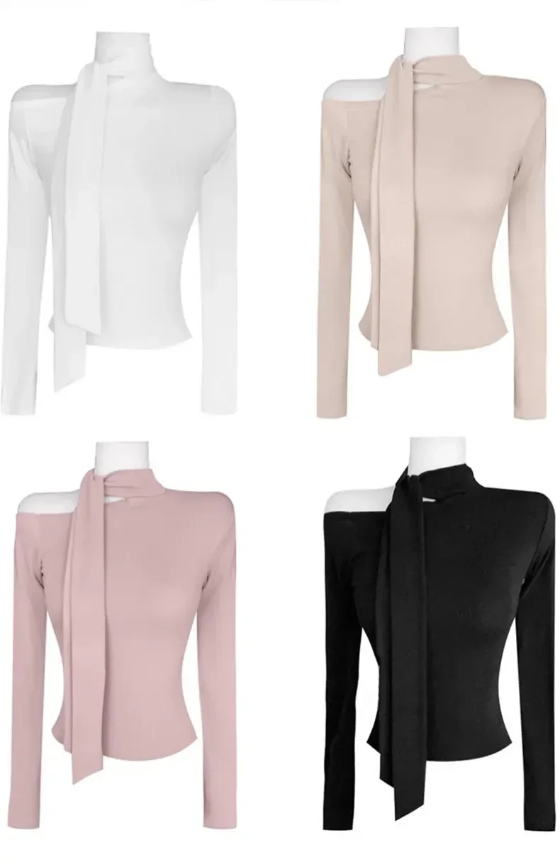 2023 Spring Bandage Women Fashion Tshirts New Turtleneck Long Sleeve Tunic Tees Chic Hollow Out Sexy Y2k Temperament Tops