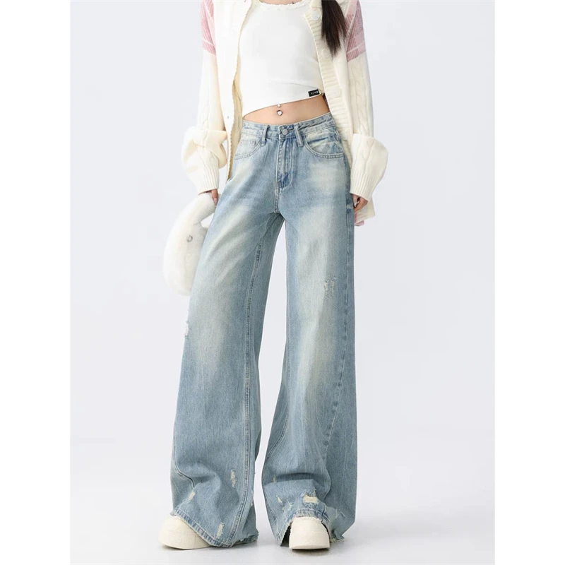 

Women's Wear Tear Design Street Style Wide Leg Jeans Personalized Trousers Cool Girl Casual Bottoms Female Cowboy Baggy Pants