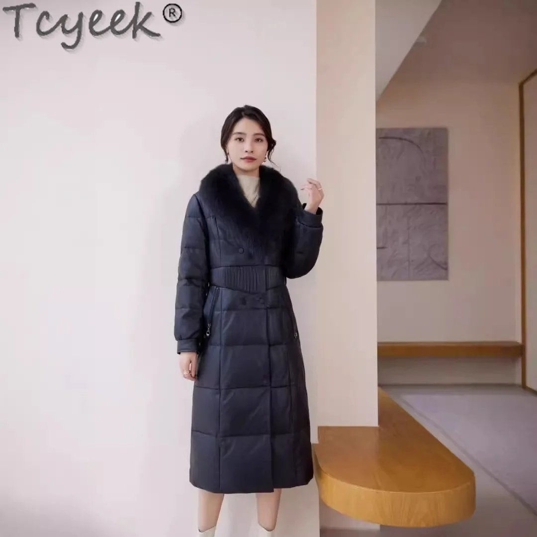 Tcyeek Genuine Leather Sheepskin Coat for Women Long Down Jacket Winter Jackets fox fur collar Leather Jacket Woman Clothing