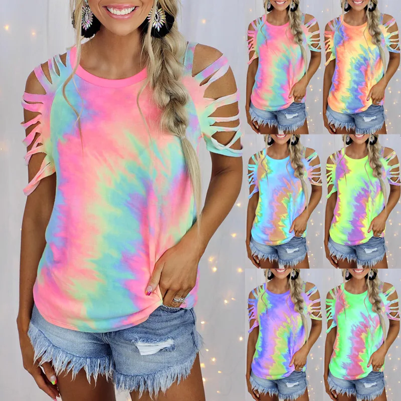 Summer T Shirt Women New Tie Dye Printing off-the-shoulder Sexy Leisure T-shirt Short Sleeves Female Tee Tshirts CKX9632