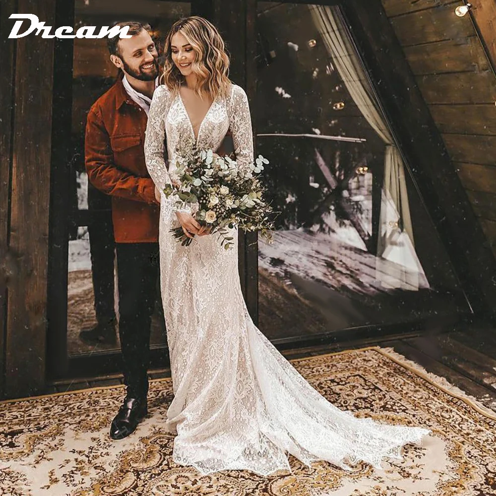 Abito da sposa Boho con scollo a V in pizzo floreale a maniche lunghe da sogno abito da sposa civile rustico modesto con scollo a V profondo aperto sul retro