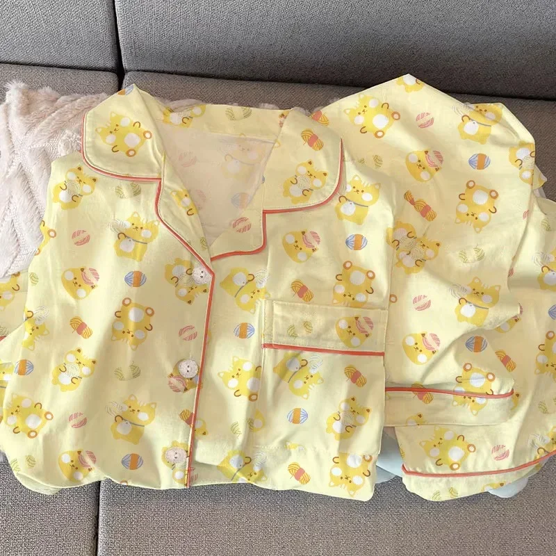 

Простые женские пижамы с мультяшным сыром и медведем, весенне-осенний сезон, длинные штаны с длинными рукавами, домашняя одежда с маленькими лацканами, костюм из двух предметов
